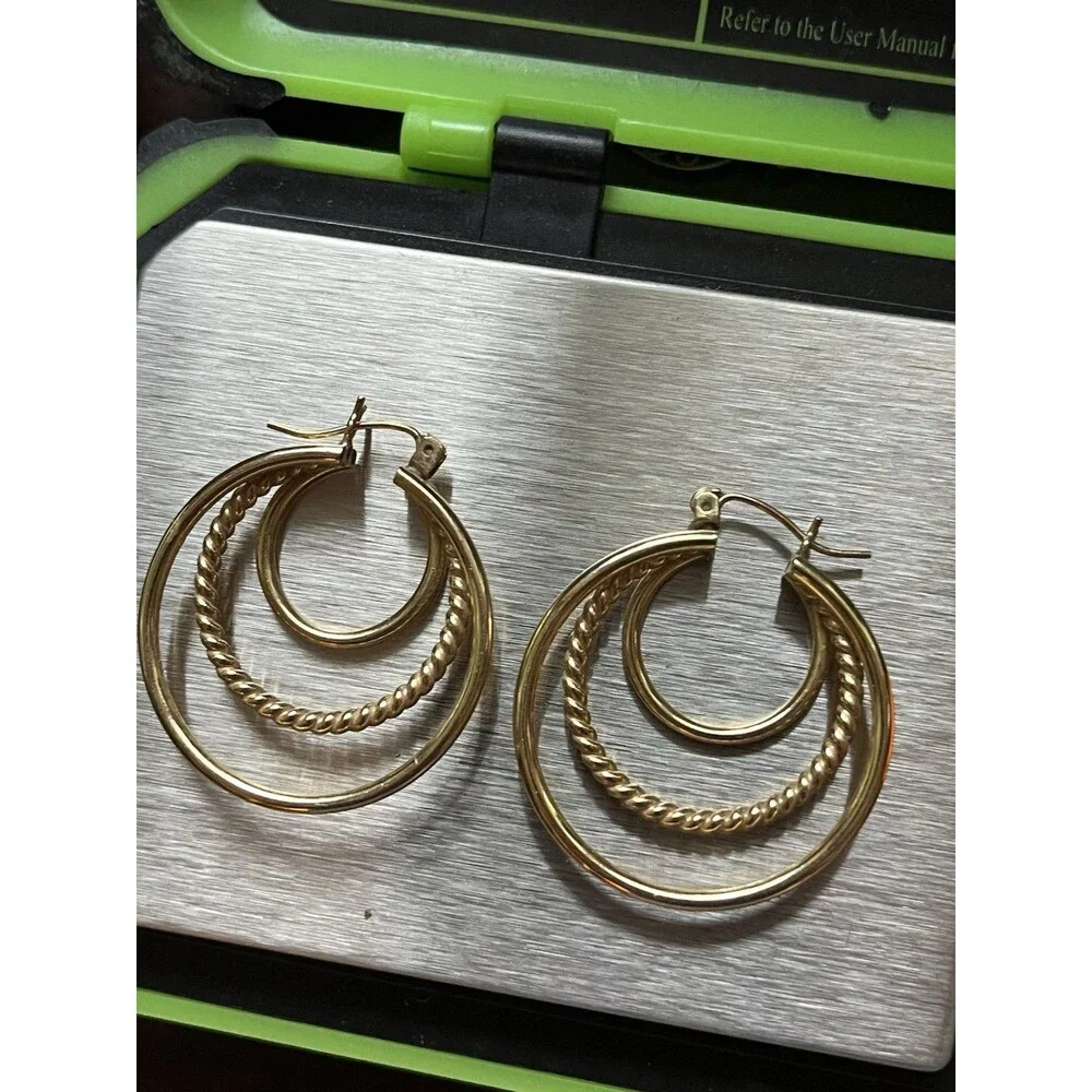 Vintage 14k Yellow Gold Triple Hoop Loop Earrings 3 Hoop Textured 4.3g Grams
